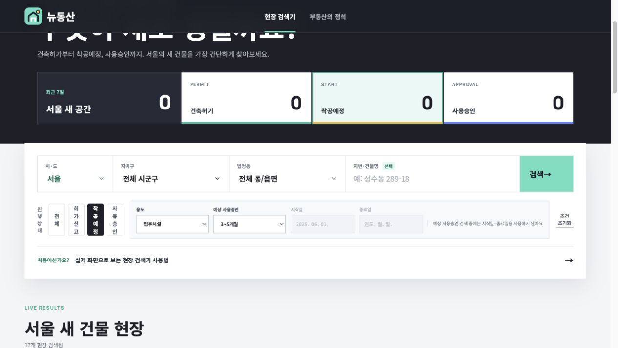 뉴동산에서 착공예정, 업무시설, 예상 사용승인 3~5개월 조건을 선택해 17개 현장을 찾은 실제 화면
